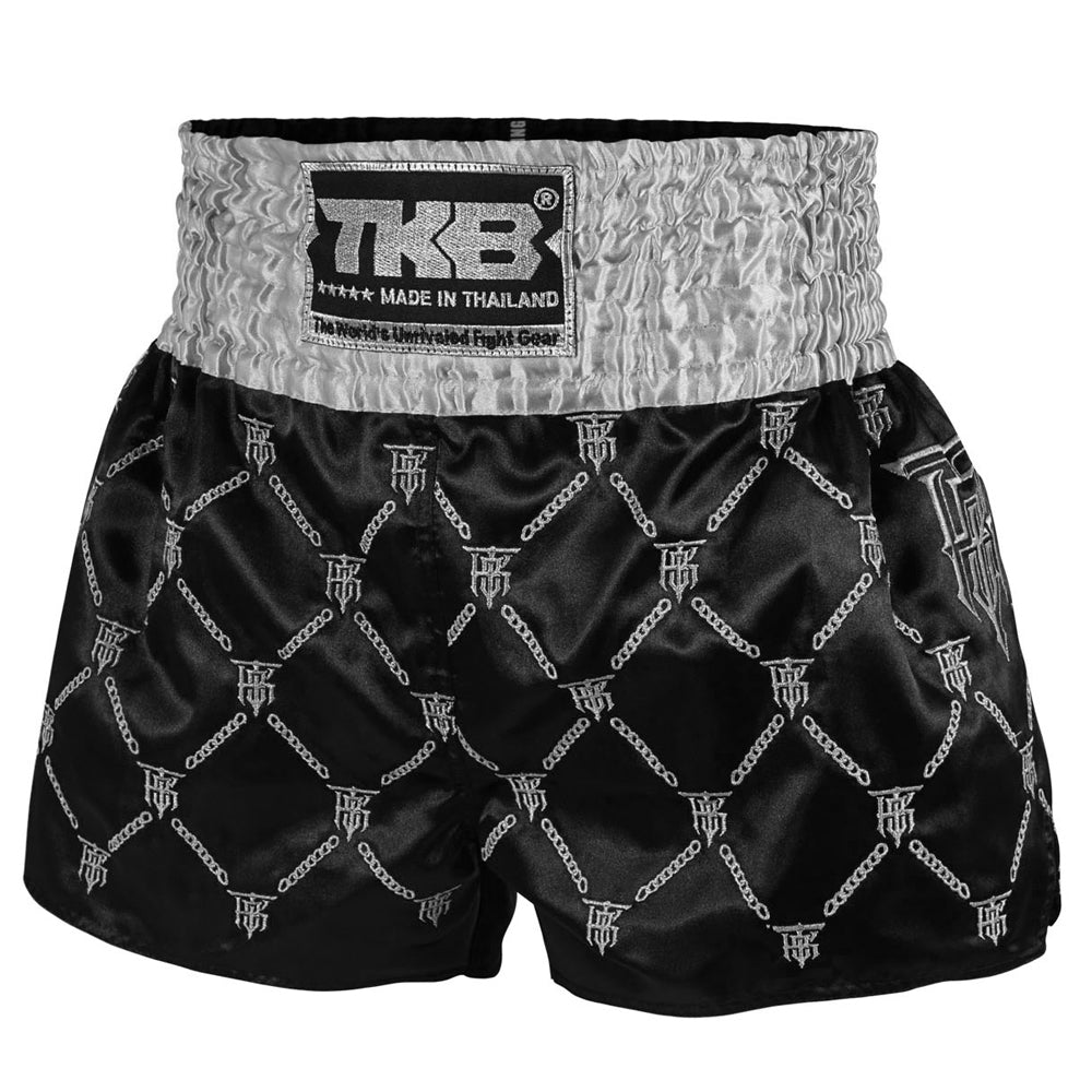 Top King Muay Thai Shorts "Chain" schwarz/silber (Bund silber)