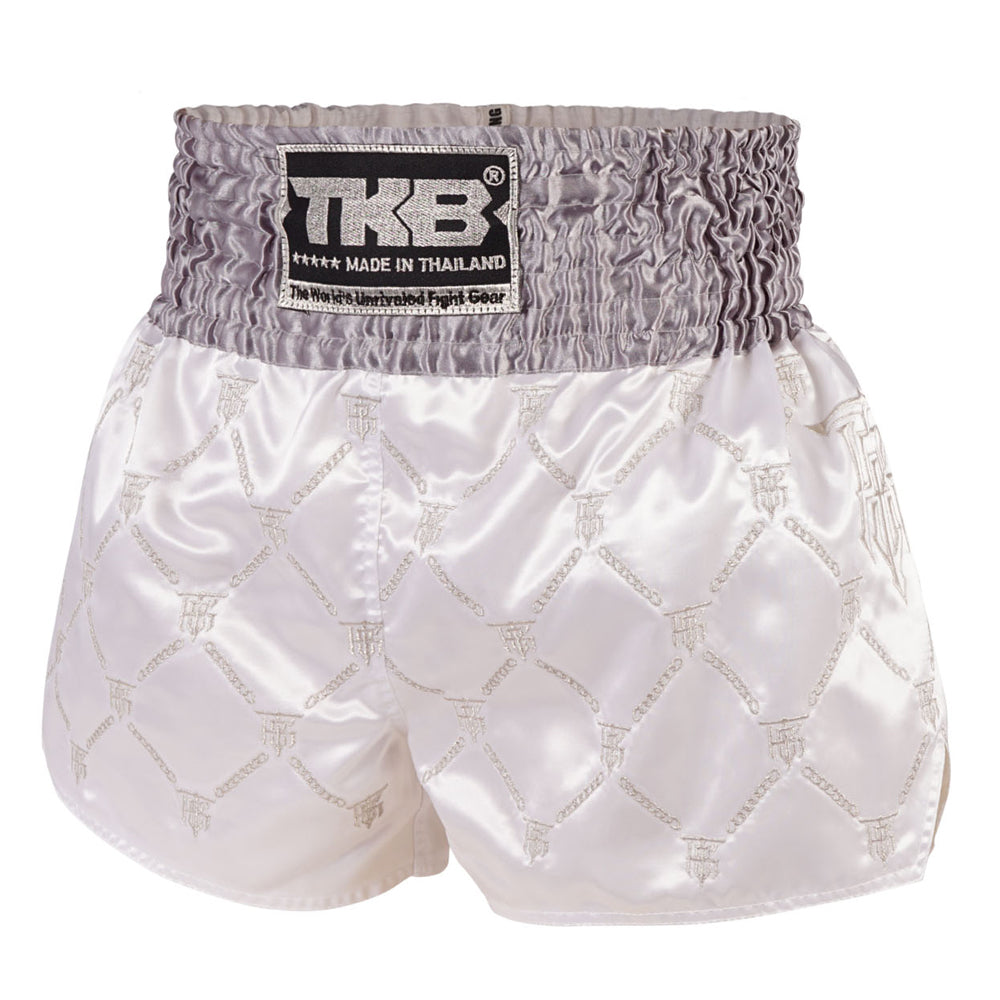Top King Muay Thai Shorts "Chain" weiss/silber (Bund silber)